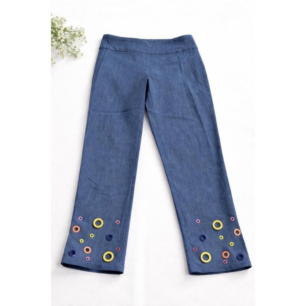 Attyre New York Ankle Pants SZ 6 Blue Colorful Grommet Hem Y2K Artsy Statement